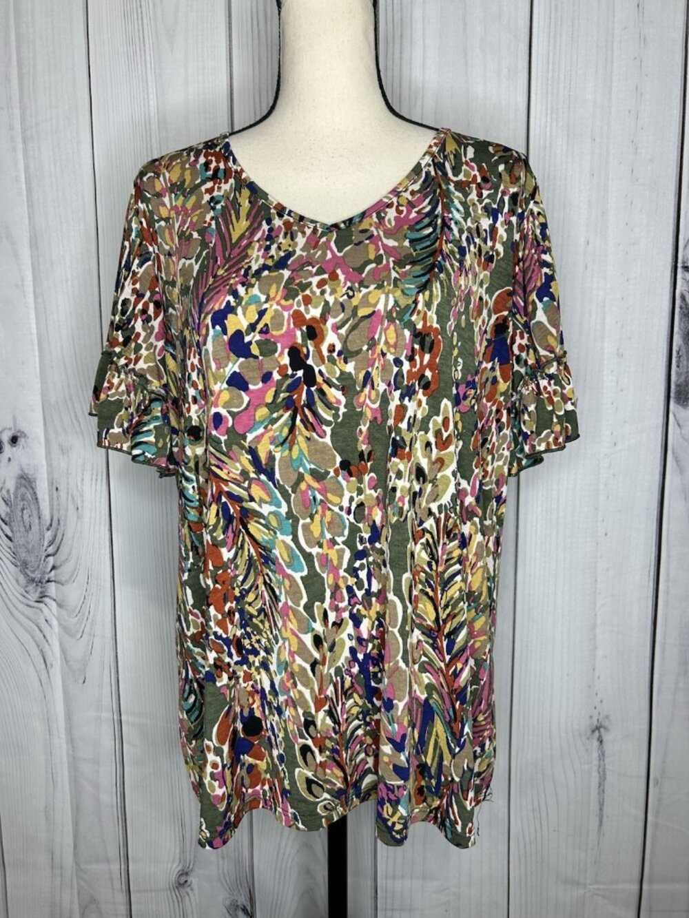 Jodifl Womens Sz L Short Sleeve V-Neck Blouse Abstract Floral Lightweight